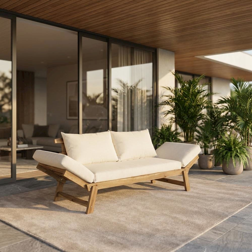 Outdoor Daybed With Acacia Wood Frame And Polyester Cushion For Relaxing. Picture 2