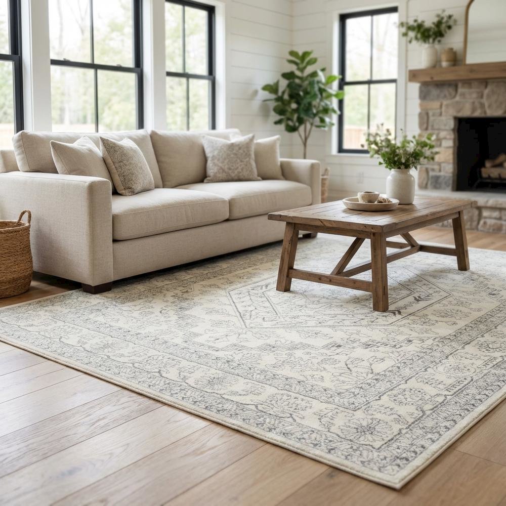 Ivory and Silver Area Rug with Power Loomed Polypropylene Pile, Large Rectangle. Picture 2