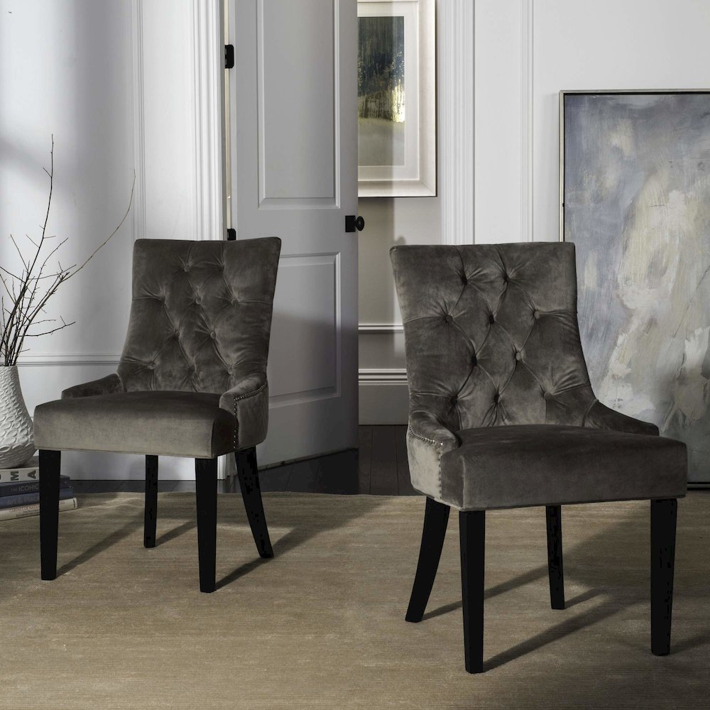 ABBY 19''H TUFTED SIDE CHAIRS (SET OF 2) - BRASS NAIL HEADS. Picture 2