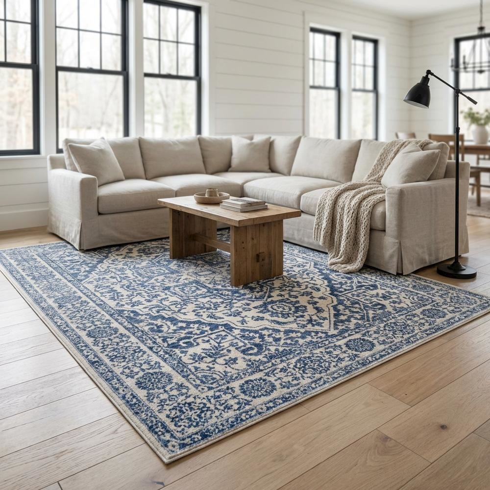 Navy and Light Grey Area Rug with Jute Backing and Power Loomed Construction. Picture 2