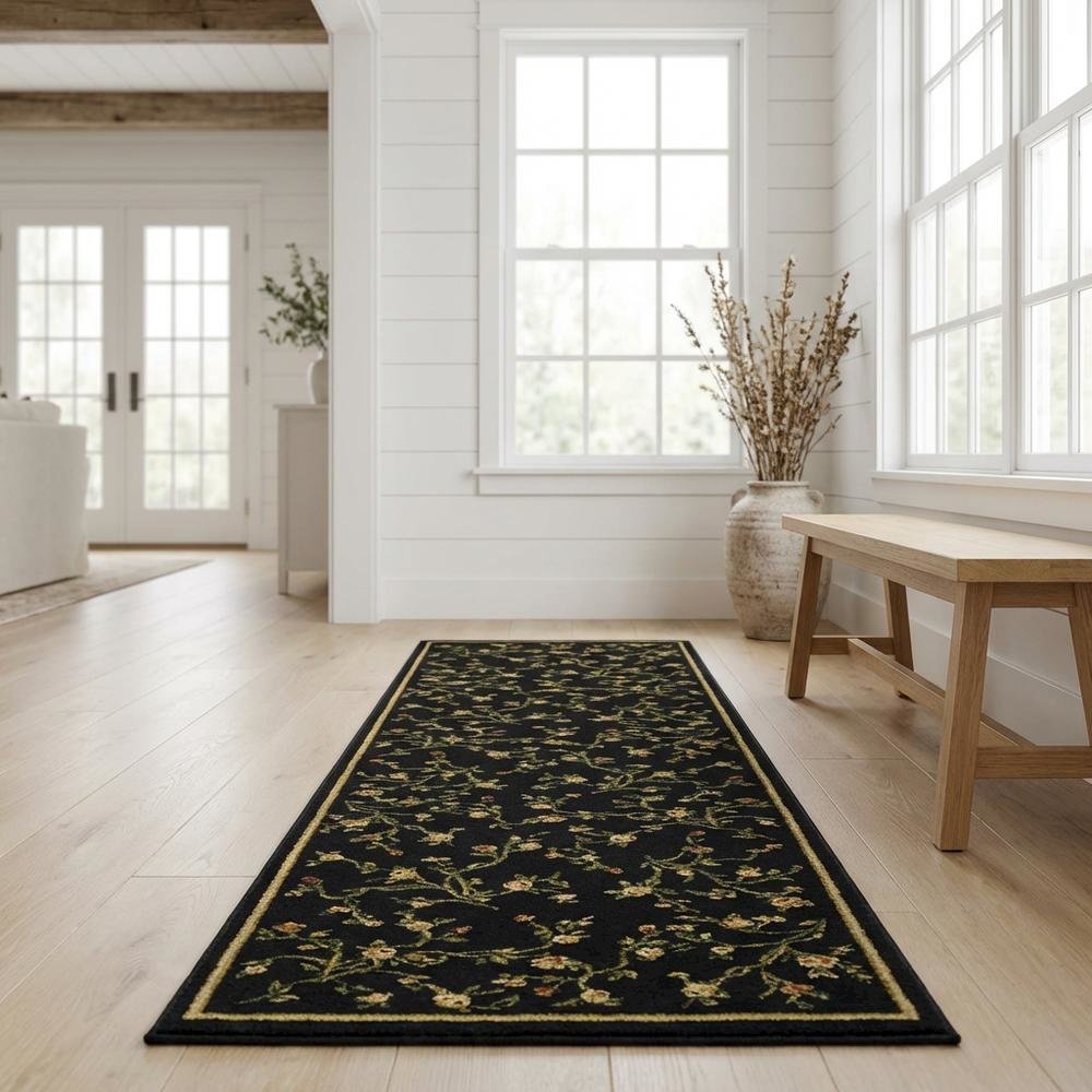 Black and Green Area Rug with Power Loomed Polypropylene Pile and Jute Backing. Picture 2