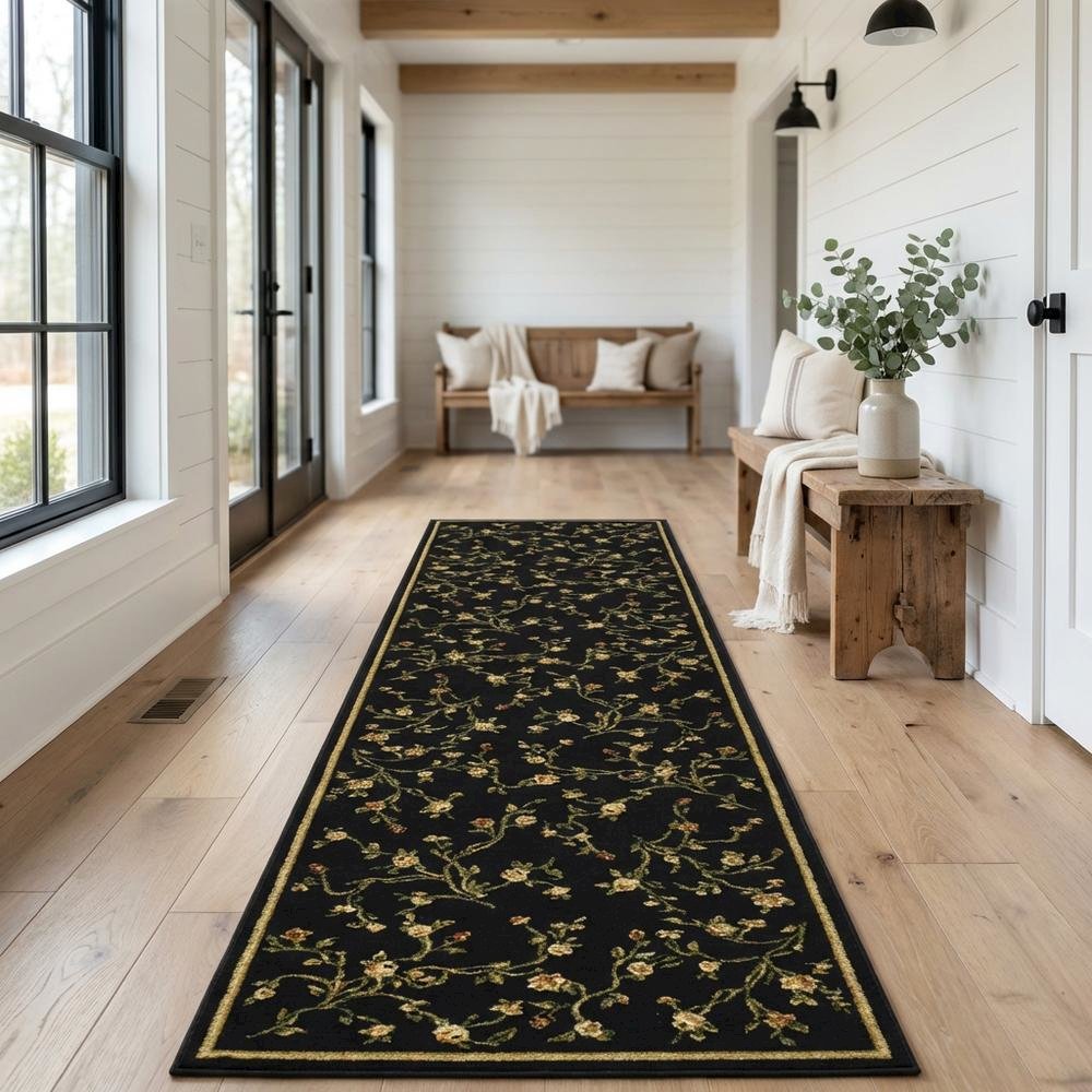 Black and Green Area Rug with Power Loomed Polypropylene Pile and Jute Backing. Picture 3