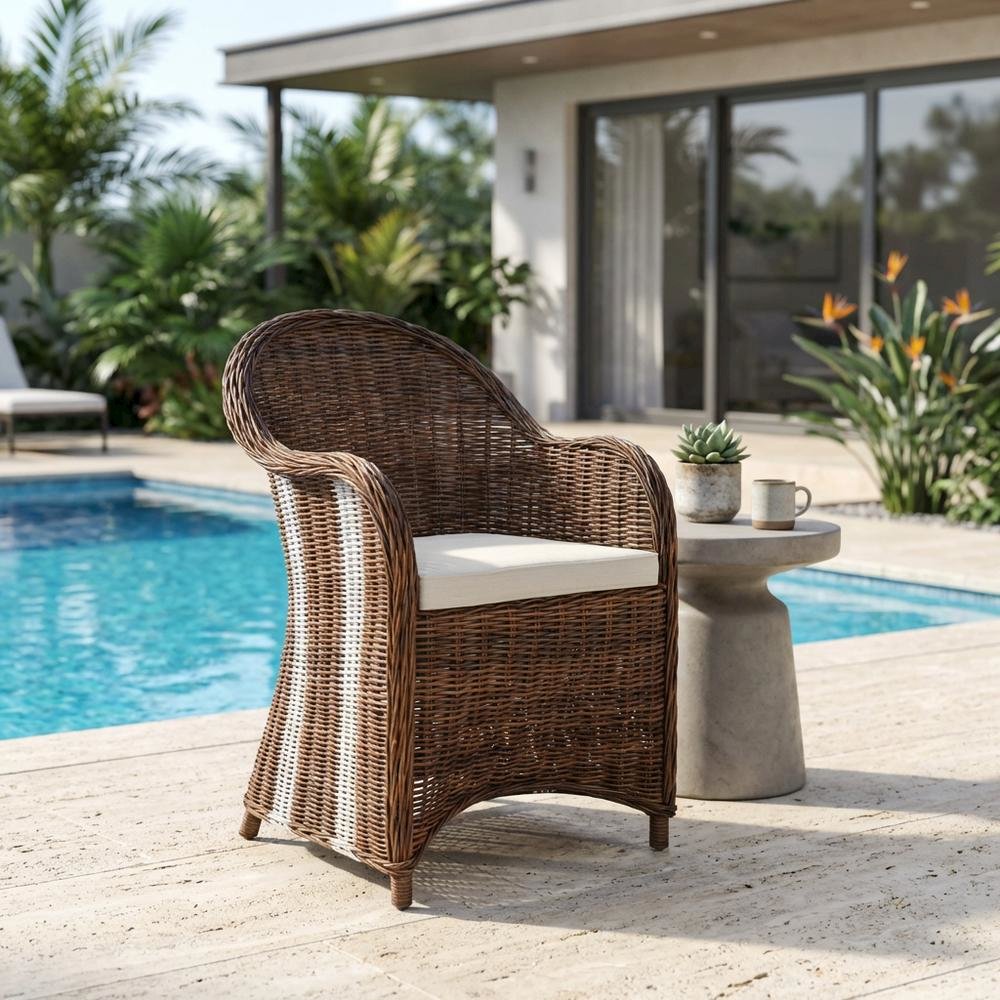 Wicker Club Chair In White With Rattan Frame And Cotton Upholstery. Picture 3