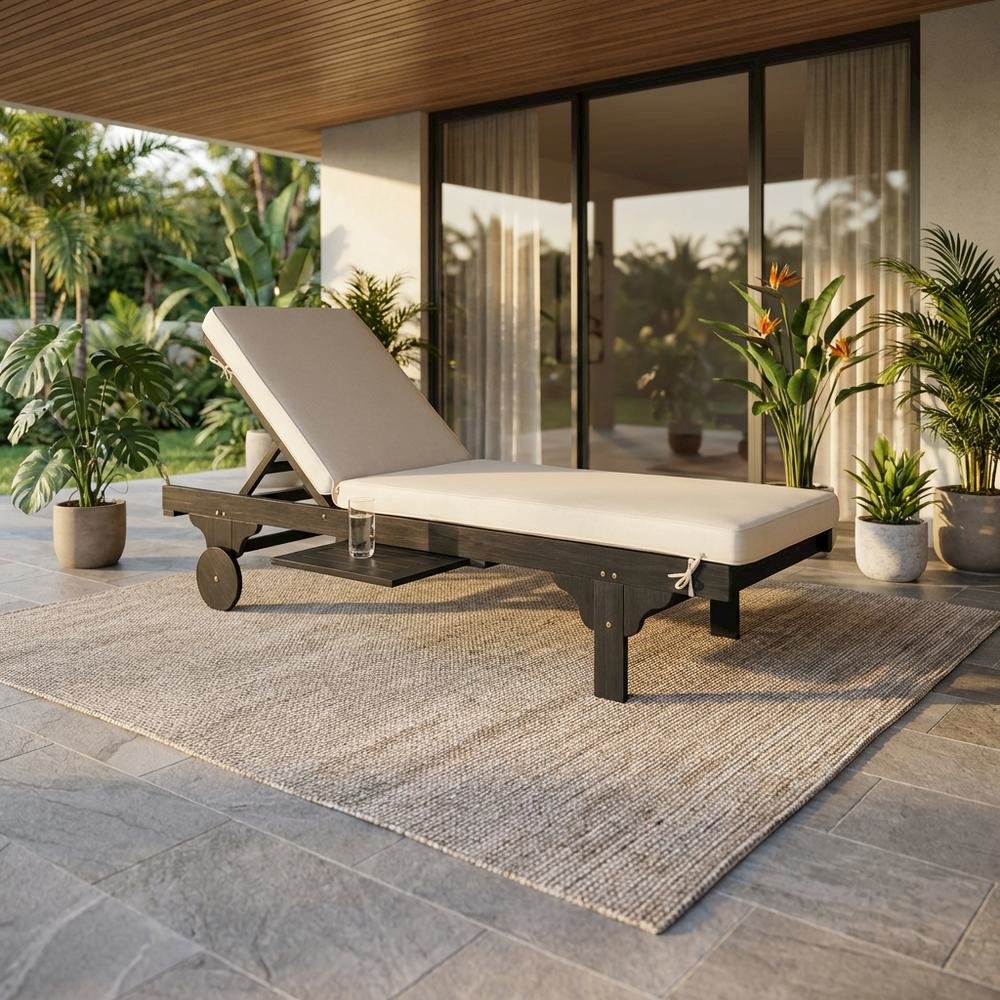 Outdoor lounge chair with side table in eucalyptus wood and black finish. Picture 2