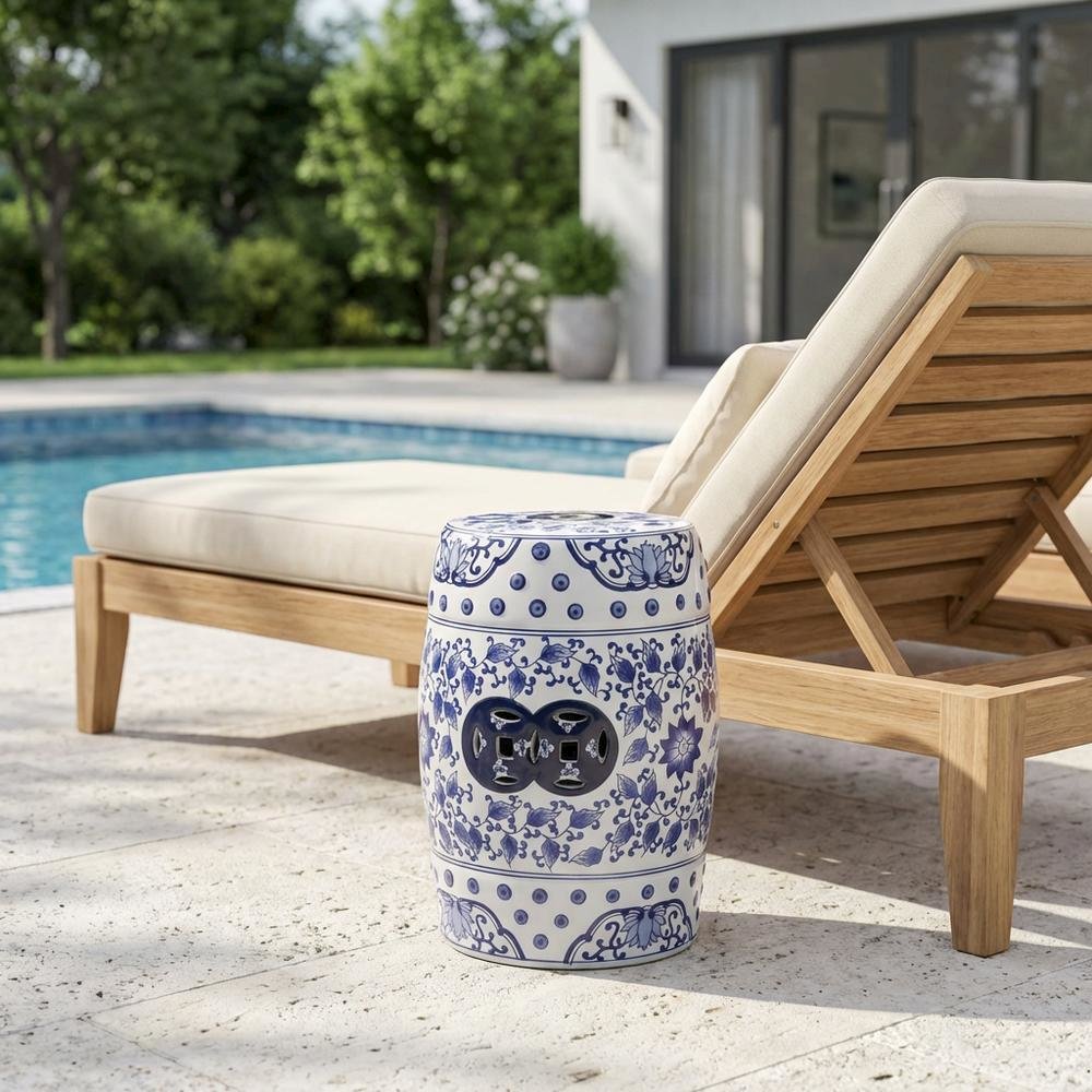 Ceramic Decorative Garden Stool With Blue And White Glazing For Outdoor Spaces. Picture 3
