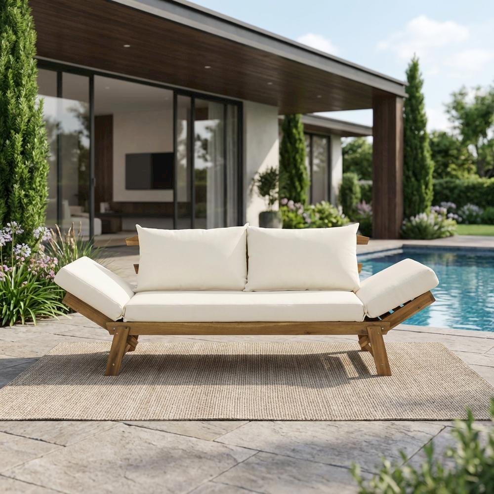 Outdoor Daybed With Acacia Wood Frame And Polyester Cushion For Relaxing. Picture 3
