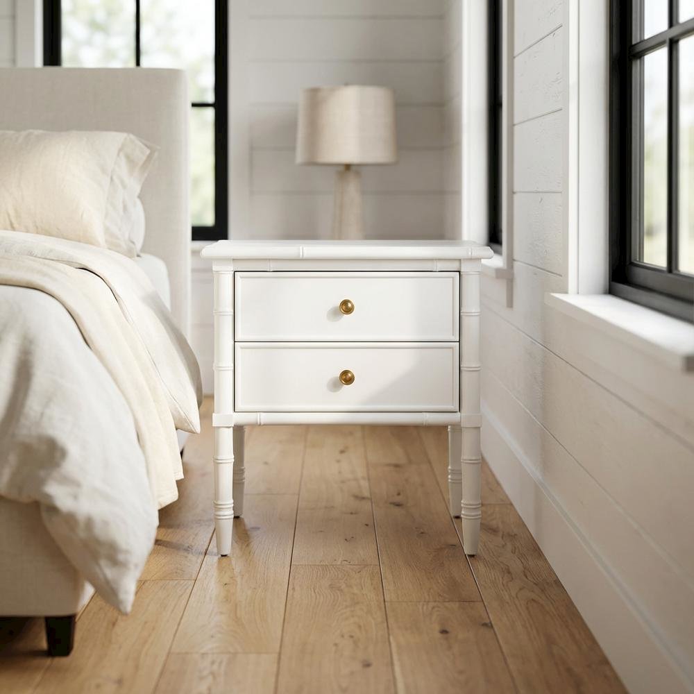 Wooden nightstand with 2 drawers and cast iron accents for bedroom storage. Picture 2