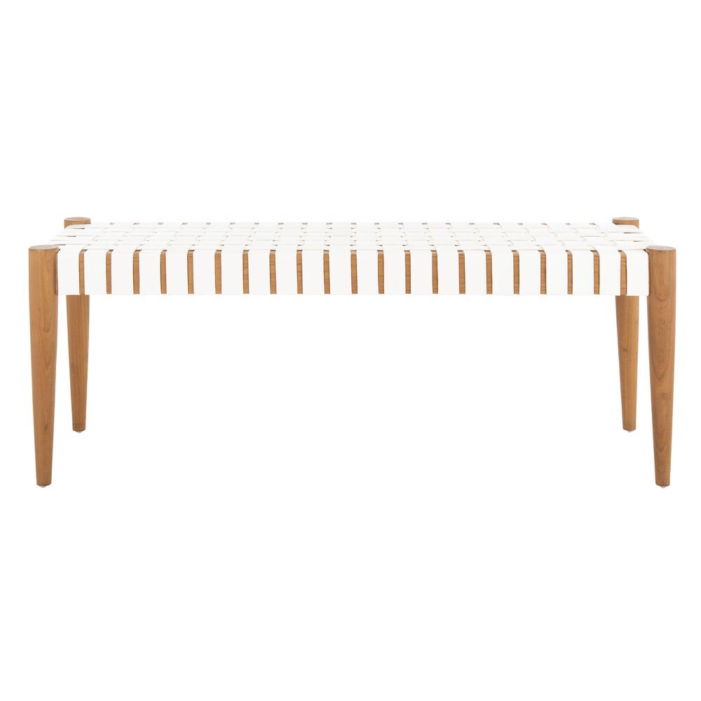 Amalia Leather Weave Bench, White/Oak. Picture 1