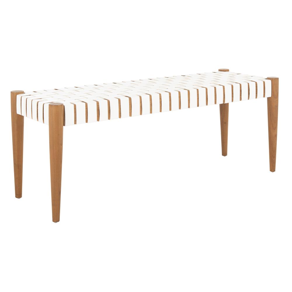 Amalia Leather Weave Bench, White/Oak. Picture 5