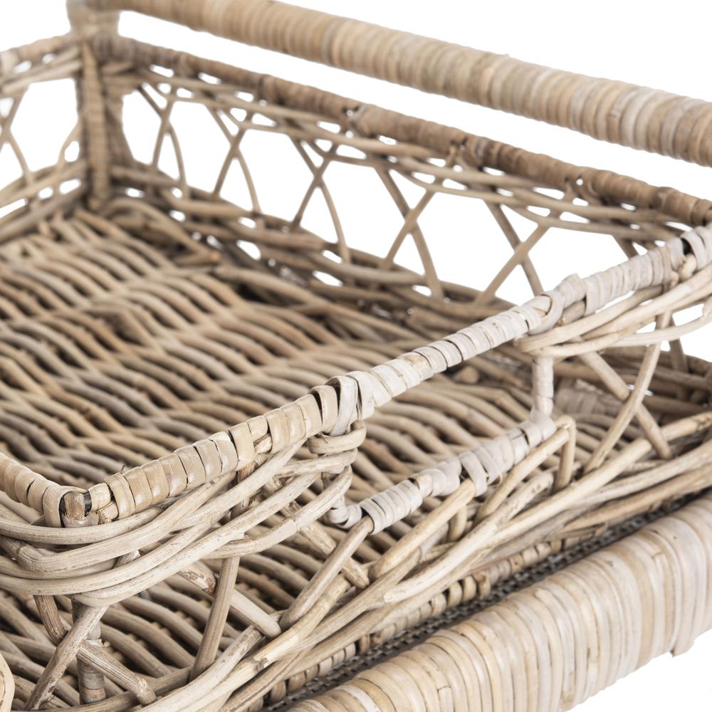 Ambrose 2 Tier Rattan Bar Cart, Grey Wash/Antique Brass. Picture 3
