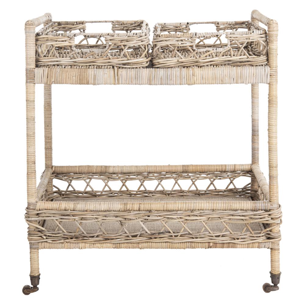 Ambrose 2 Tier Rattan Bar Cart, Grey Wash/Antique Brass. Picture 1