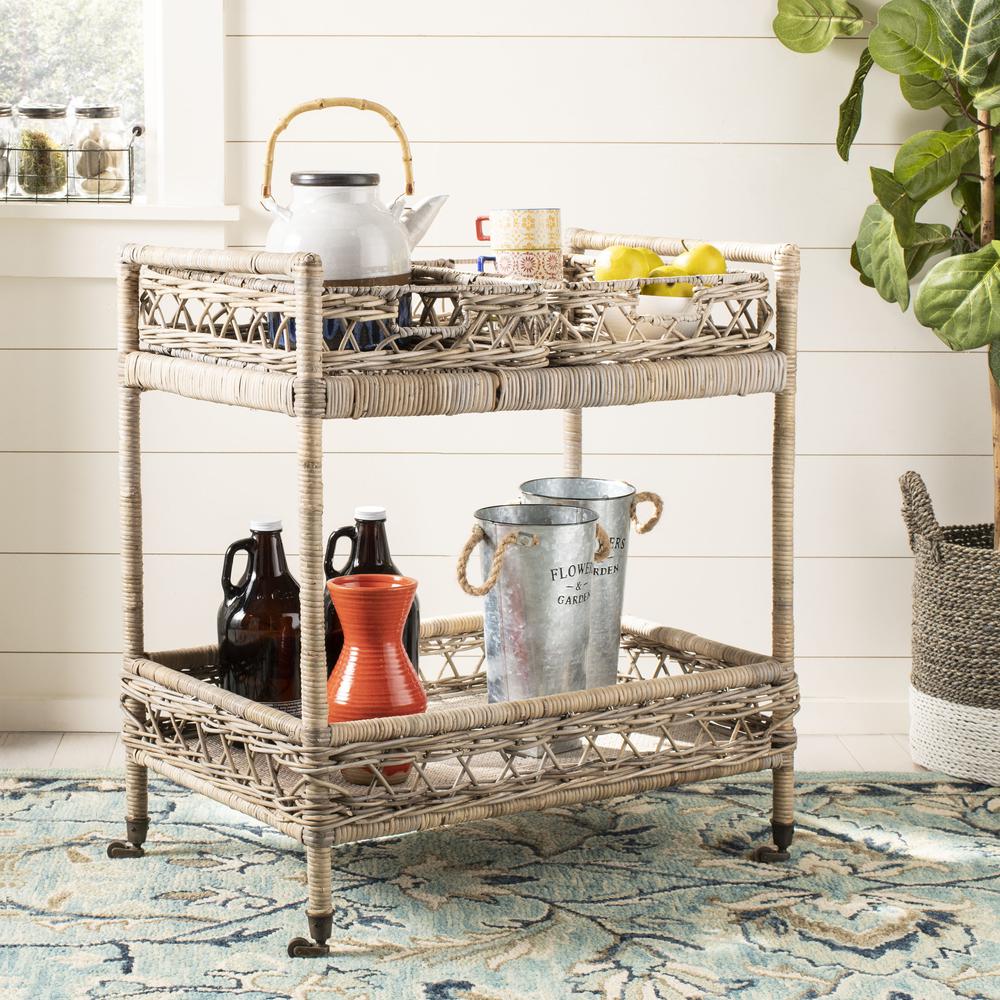 Ambrose 2 Tier Rattan Bar Cart, Grey Wash/Antique Brass. Picture 6
