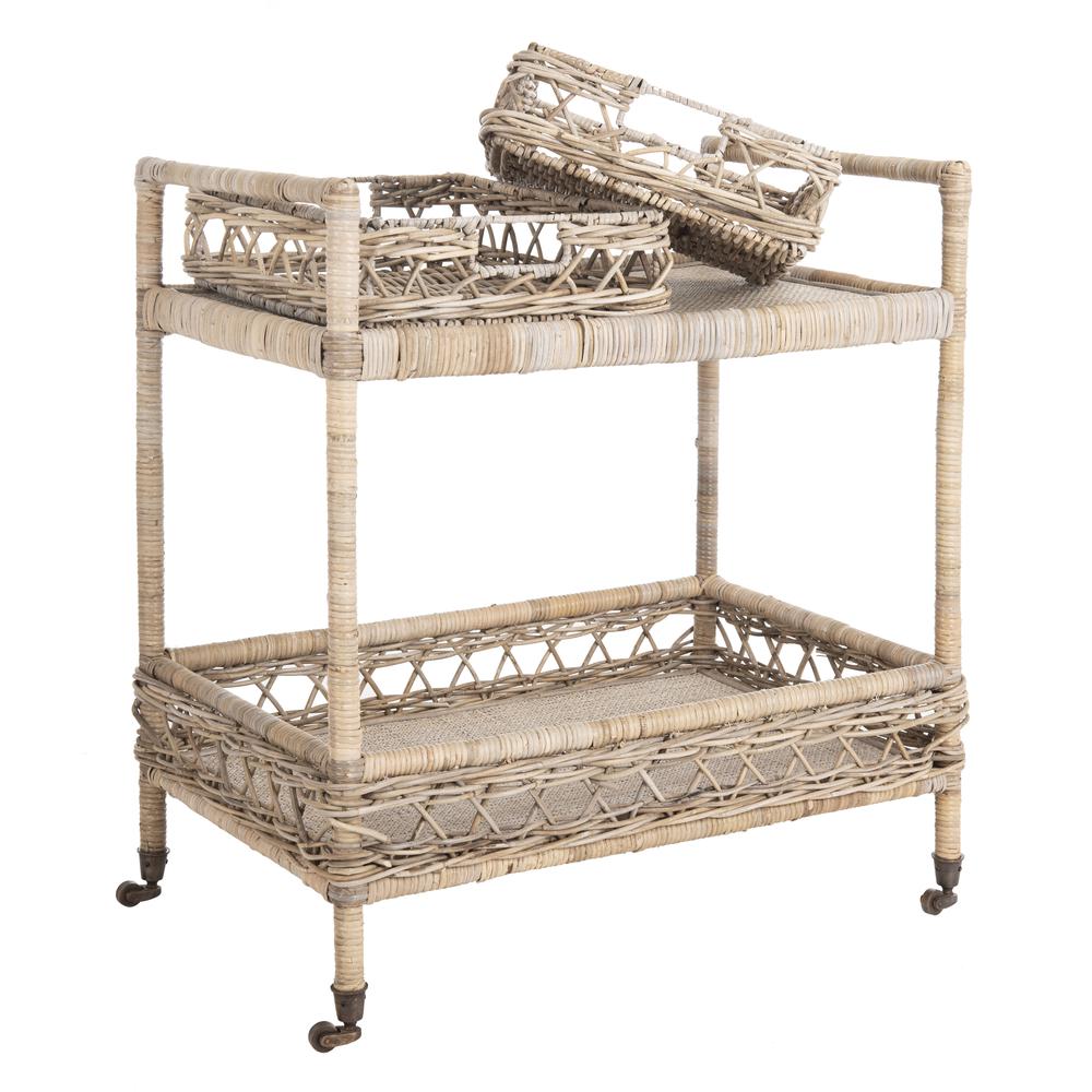 Ambrose 2 Tier Rattan Bar Cart, Grey Wash/Antique Brass. Picture 8
