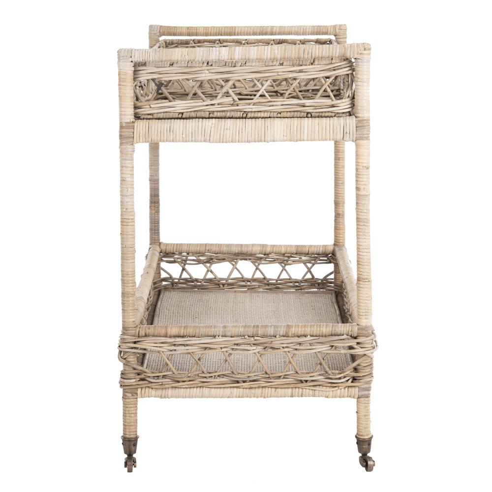 Ambrose 2 Tier Rattan Bar Cart, Grey Wash/Antique Brass. Picture 9