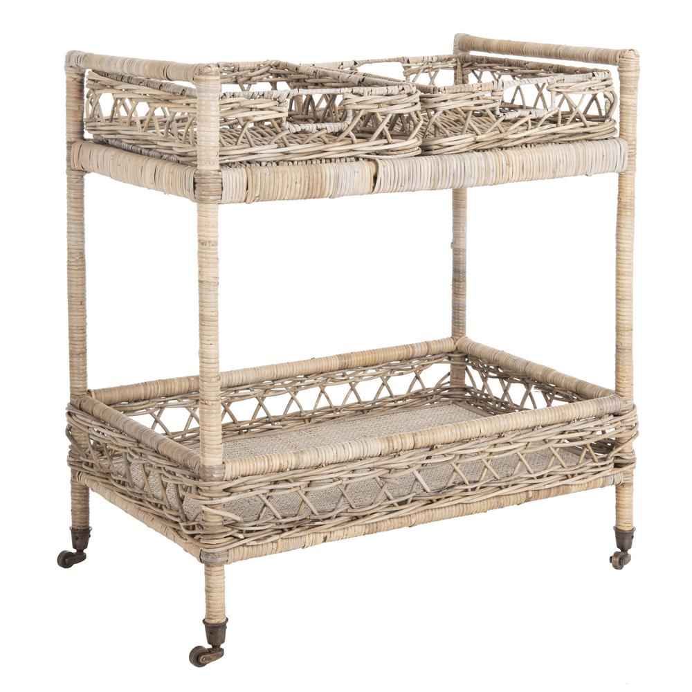 Ambrose 2 Tier Rattan Bar Cart, Grey Wash/Antique Brass. Picture 7