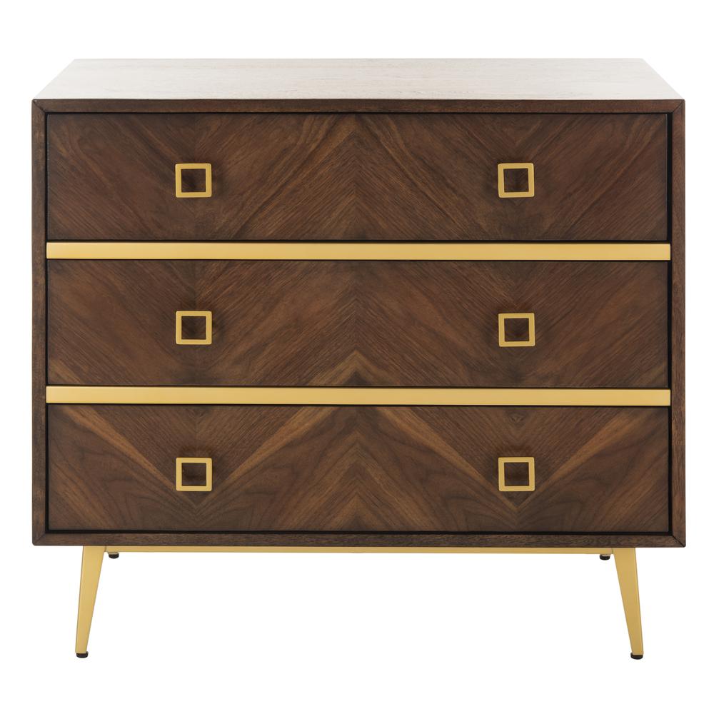 Katia 3 Drawer Chest, Walnut Parquet/Gold. Picture 1