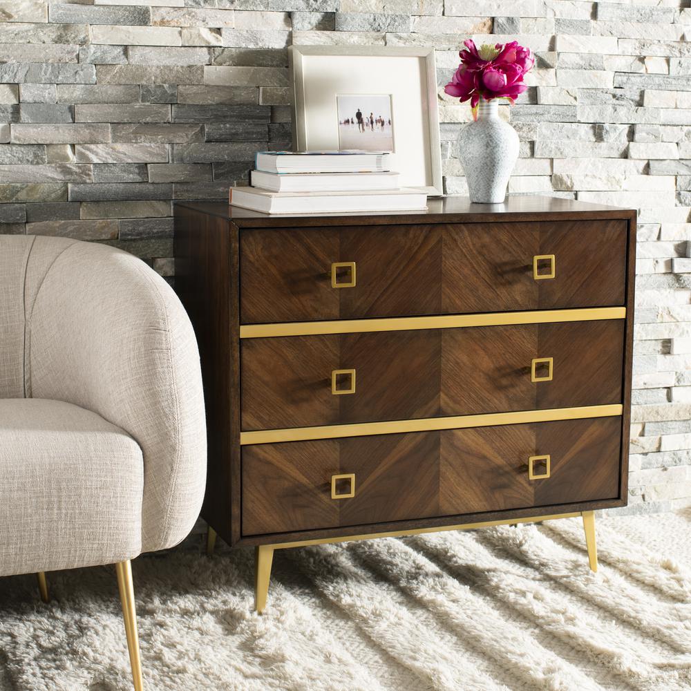 Katia 3 Drawer Chest, Walnut Parquet/Gold. Picture 8