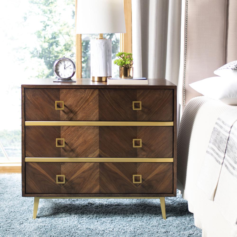 Katia 3 Drawer Chest, Walnut Parquet/Gold. Picture 9
