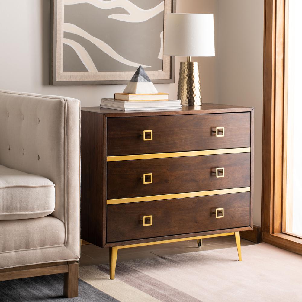 Katia 3 Drawer Chest, Walnut/Gold. Picture 8
