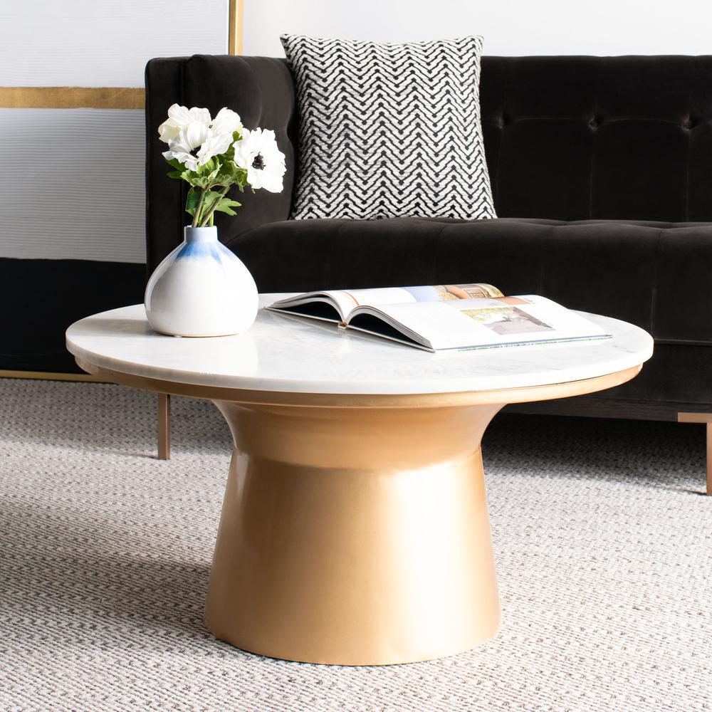 Mila Pedestal Coffee Table, White Marble/Brass. Picture 5
