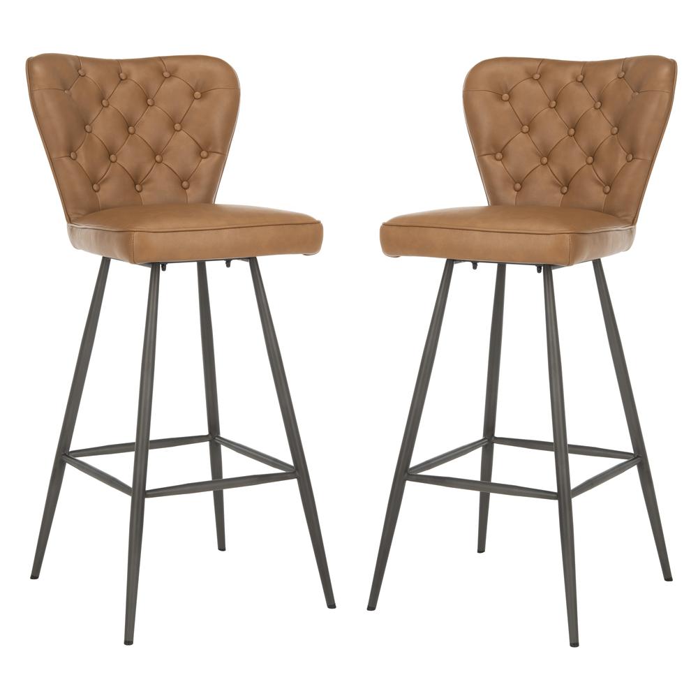 Aster 30"H Mid Century Modern Leather Tufted Bar Stool , Camel/Black. Picture 11