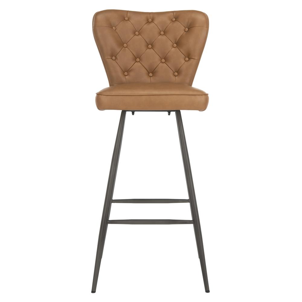 Aster 30"H Mid Century Modern Leather Tufted Bar Stool , Camel/Black. Picture 1