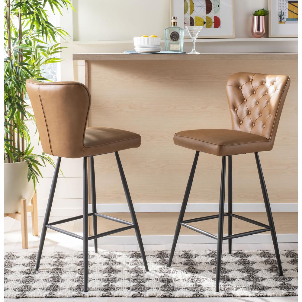 Aster 30"H Mid Century Modern Leather Tufted Bar Stool , Camel/Black. Picture 7