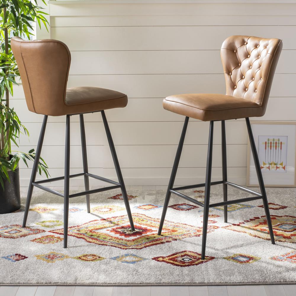 Aster 30"H Mid Century Modern Leather Tufted Bar Stool , Camel/Black. Picture 8