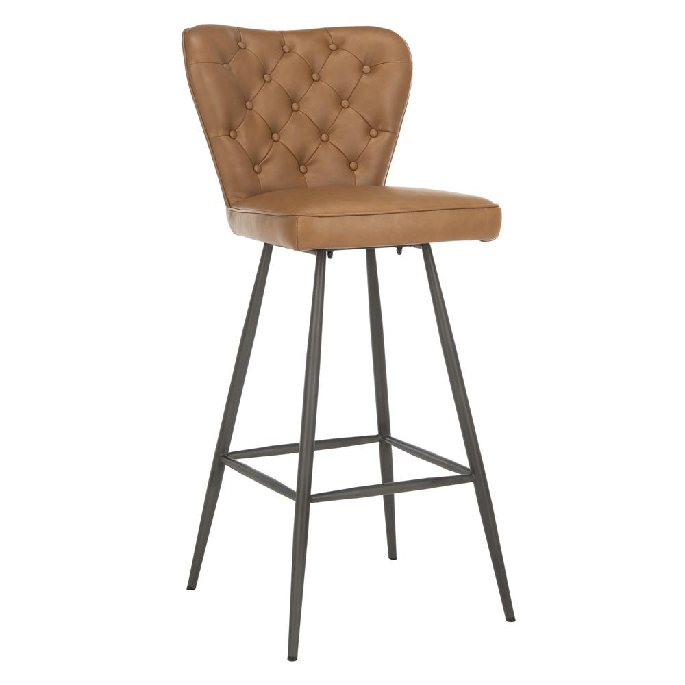 Aster 30"H Mid Century Modern Leather Tufted Bar Stool , Camel/Black. Picture 9