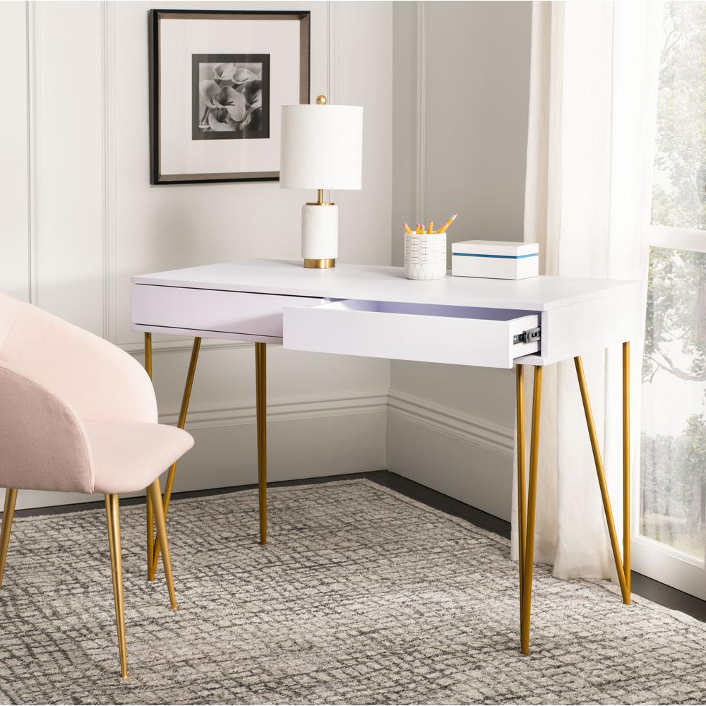 Pine Two Drawer Desk, White/Gold. Picture 8