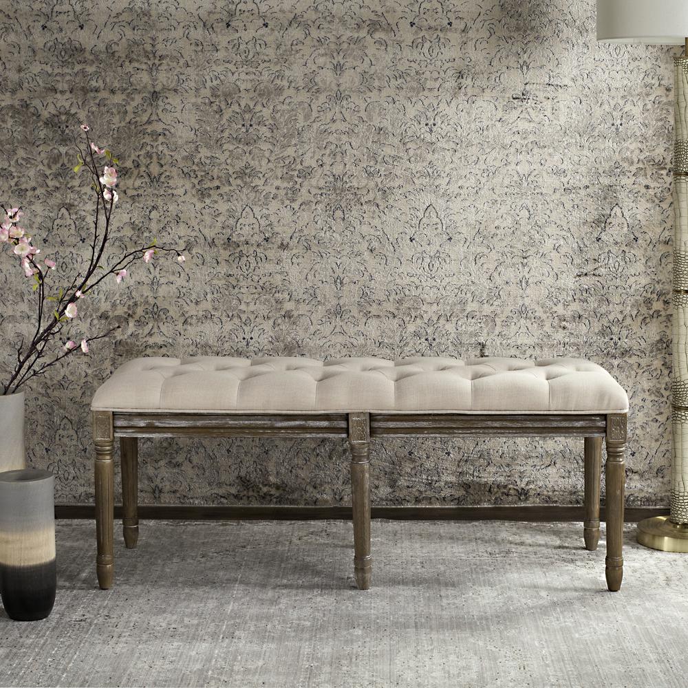 ROCHA 19''H FRENCH BRASSERIE TUFTED TRADITIONAL RUSTIC WOOD BENCH, FOX6231A. Picture 7