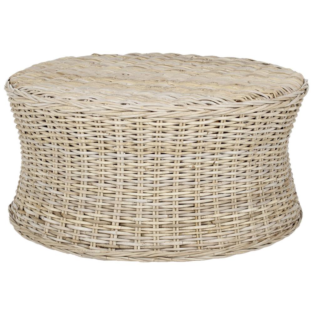 Home Collection Ruxton Natural Rattan Round Coffee Table Ottoman. Picture 1