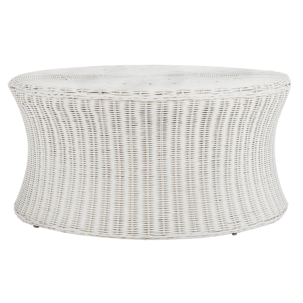 Home Collection Ruxton White Rattan Round Coffee Table Ottoman. Picture 1