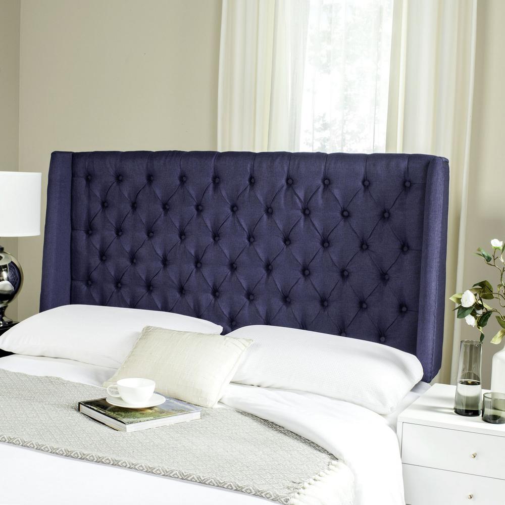 LONDON NAVY LINEN TUFTED WINGED HEADBOARD - FLAT NAIL HEADS. Picture 1