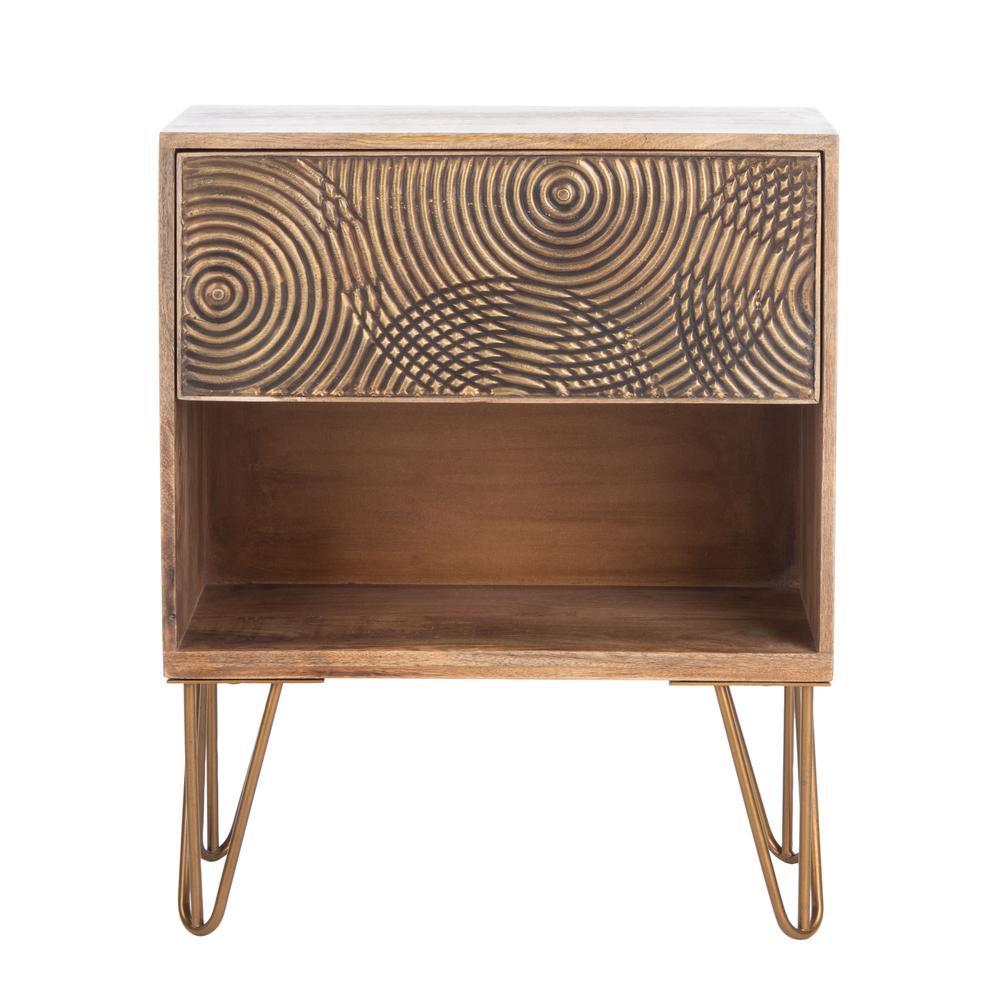 Solene 1 Drawer Textured Nightstand, Natural/Brass. Picture 1