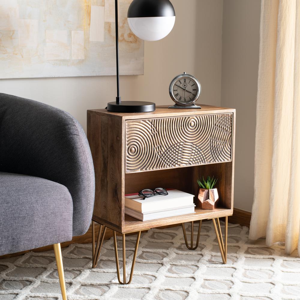 Solene 1 Drawer Textured Nightstand, Natural/Brass. Picture 9