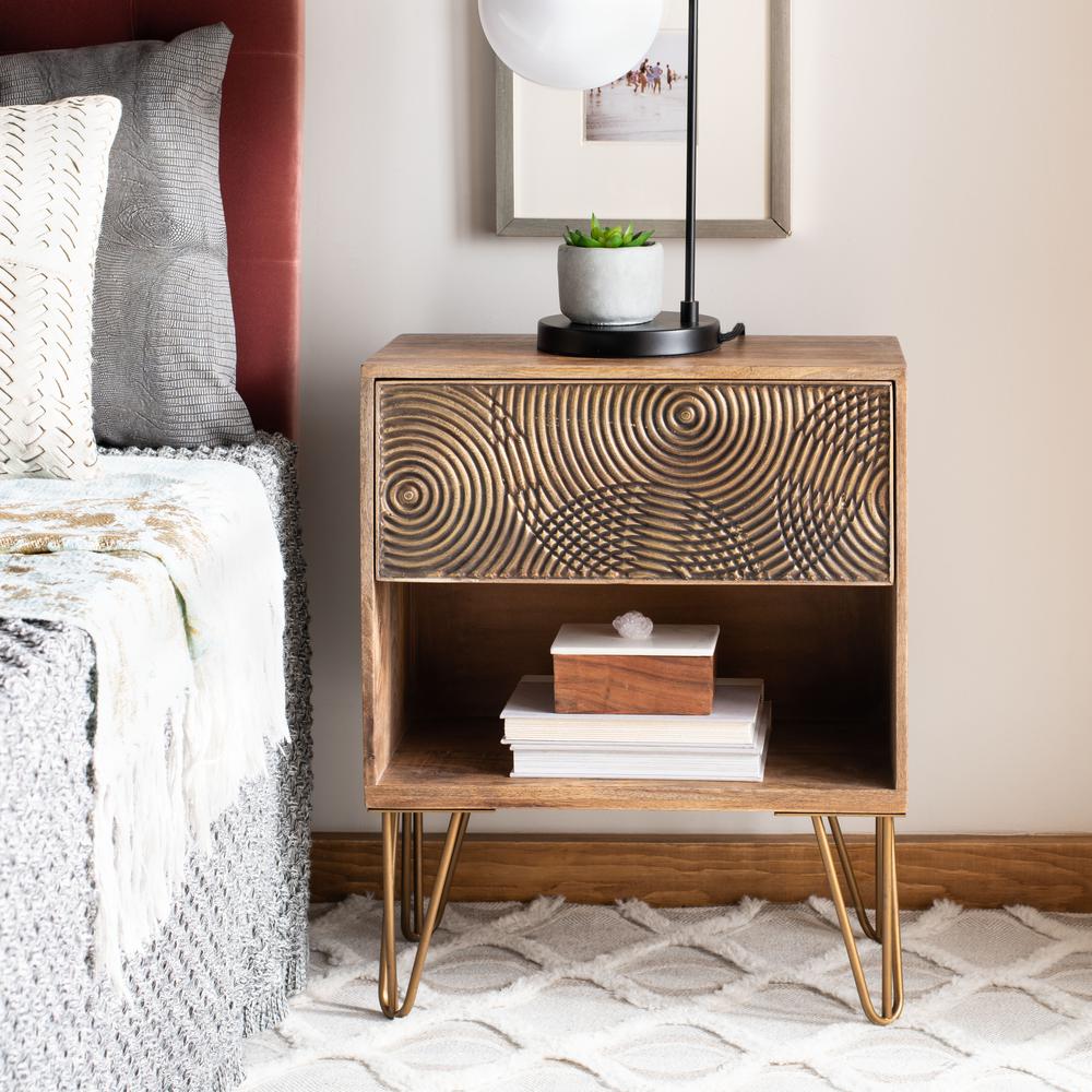 Solene 1 Drawer Textured Nightstand, Natural/Brass. Picture 10