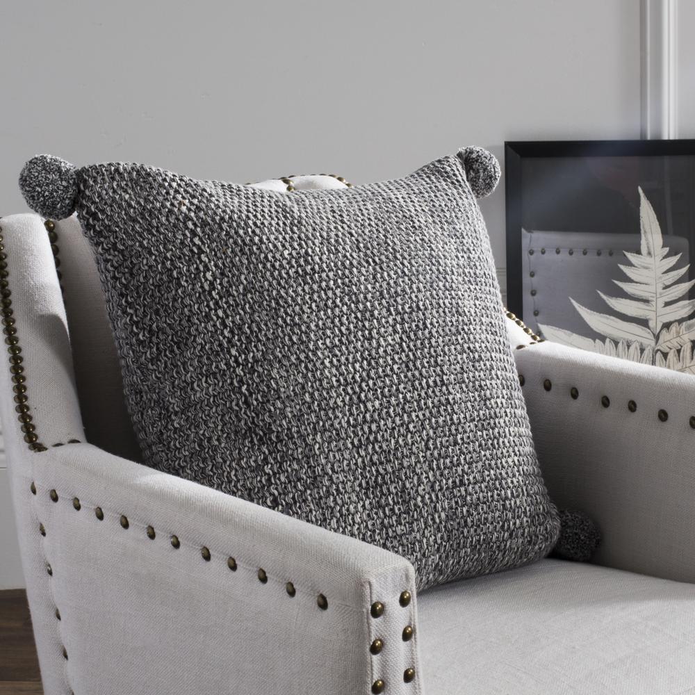 Pom Pom Knit Pillow, Dark Grey/Natural. Picture 3