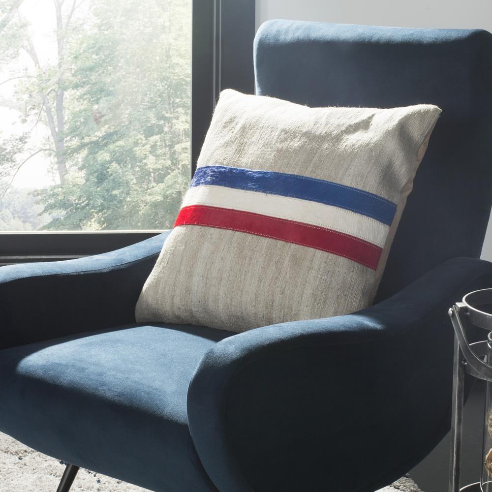 Torrance Cowhide 20"X20" Pillow, Grey/White/Red/Blue. Picture 1