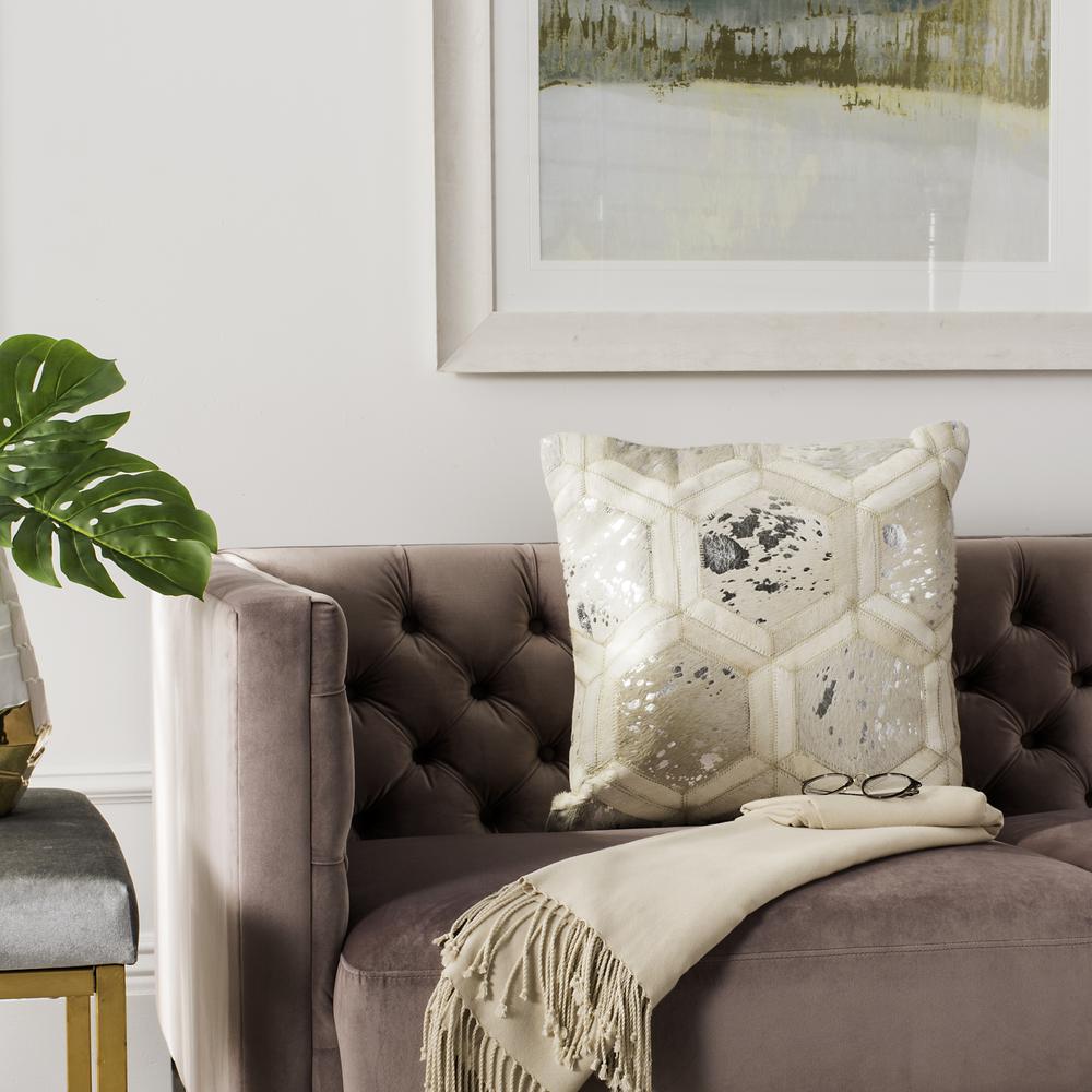 Maggie Metallic Cowhide 20"X20" Pillow, White/Silver. Picture 1