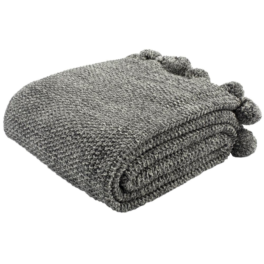 Pom Pom Knit Throw, Dark Grey/Natural. Picture 2