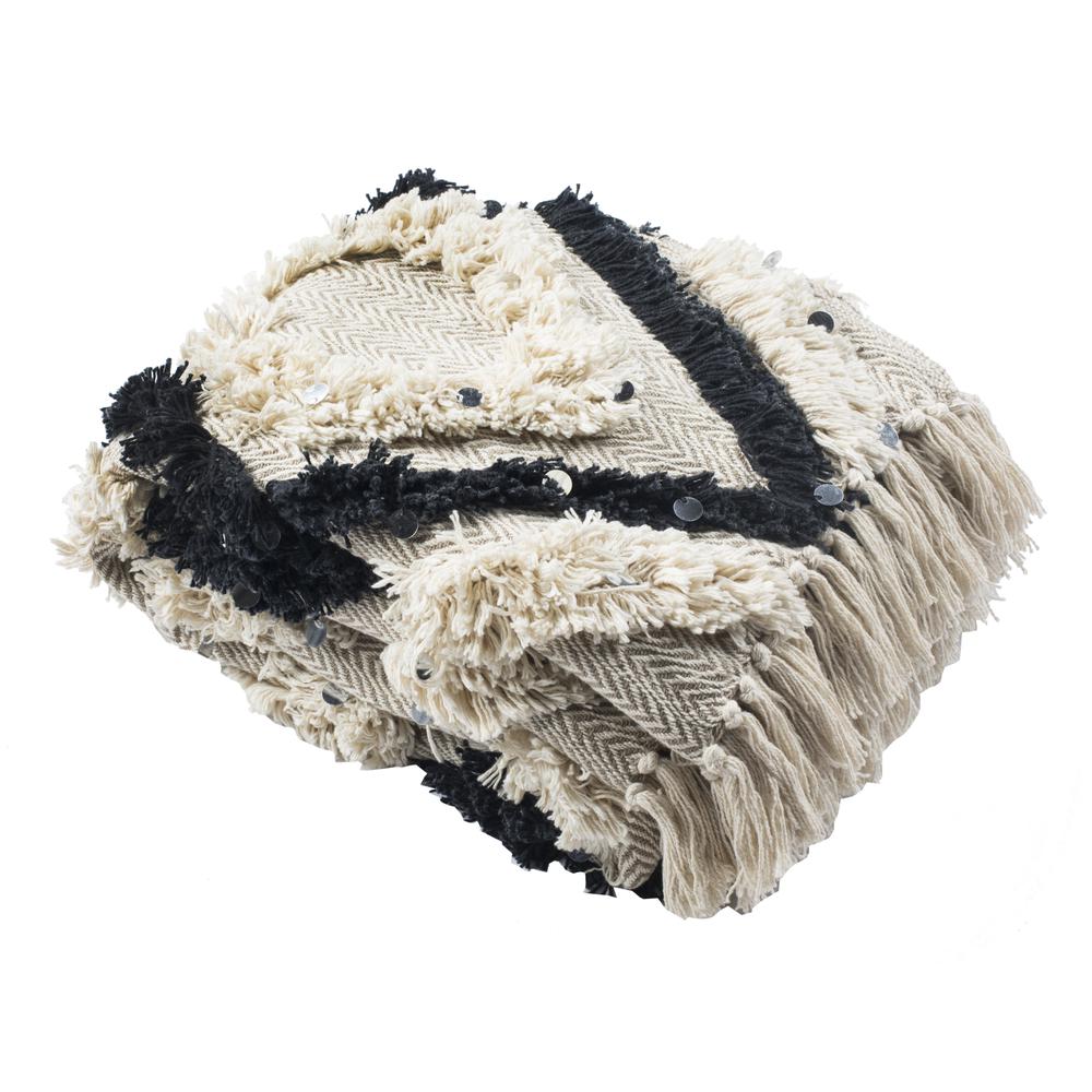 Lila Grace Fringe Throw, Beige/Black. Picture 1