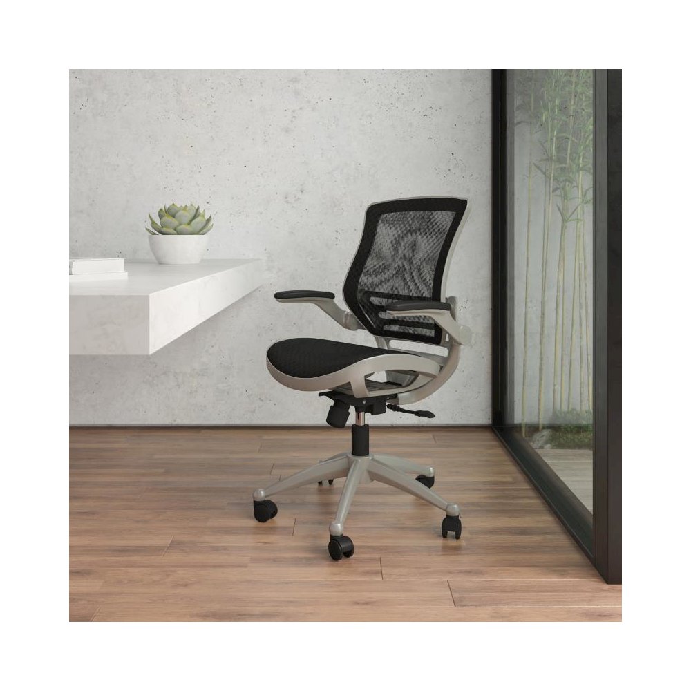 Mid-Back Transparent Black Mesh Executive Swivel Office Chair with Graphite Silver Frame and Flip-Up Arms. Picture 2