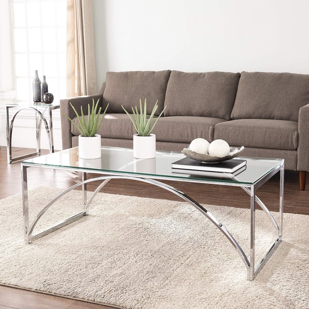 Glass Top Cocktail Table - Transitional Design, Chrome Metal and Glass. Picture 2