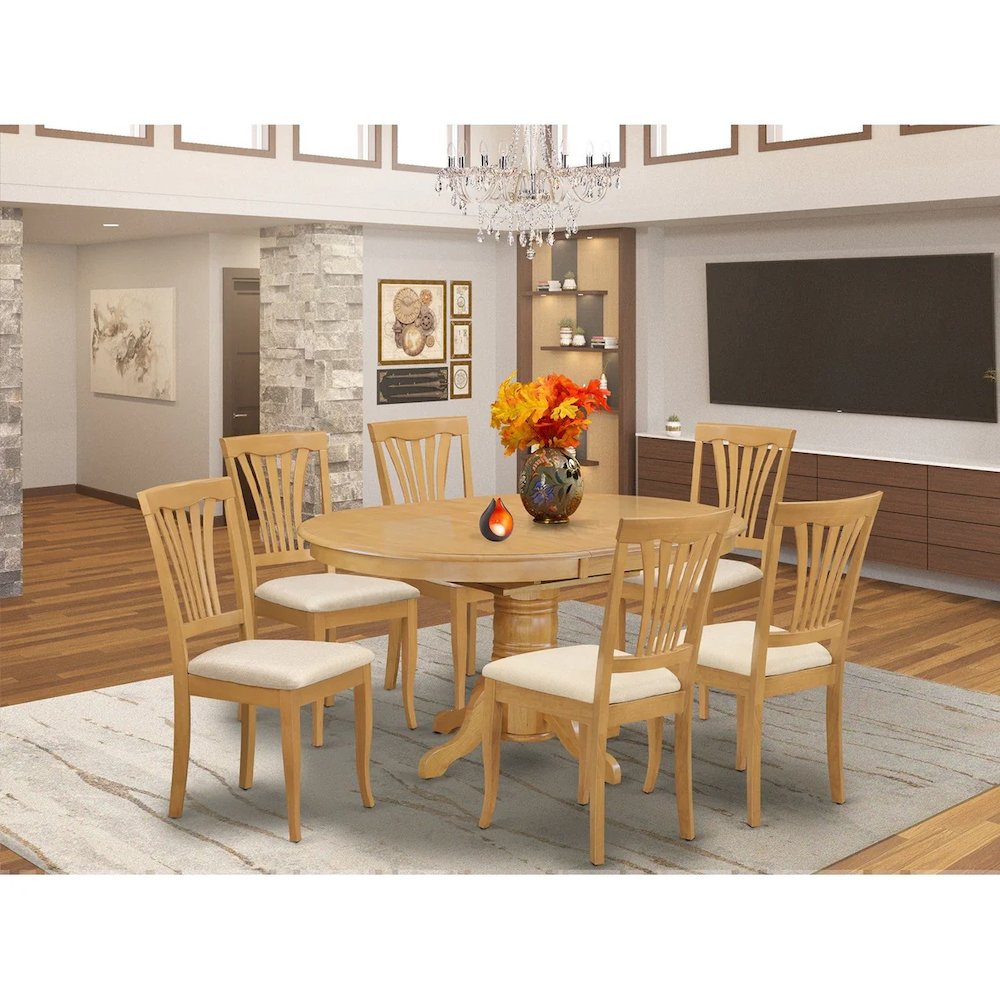 7 Pcs Dining Set Consist of an Oval Kitchen Table with Butterfly Leaf and 6 Linen Fabric Upholstered Chairs. Picture 8