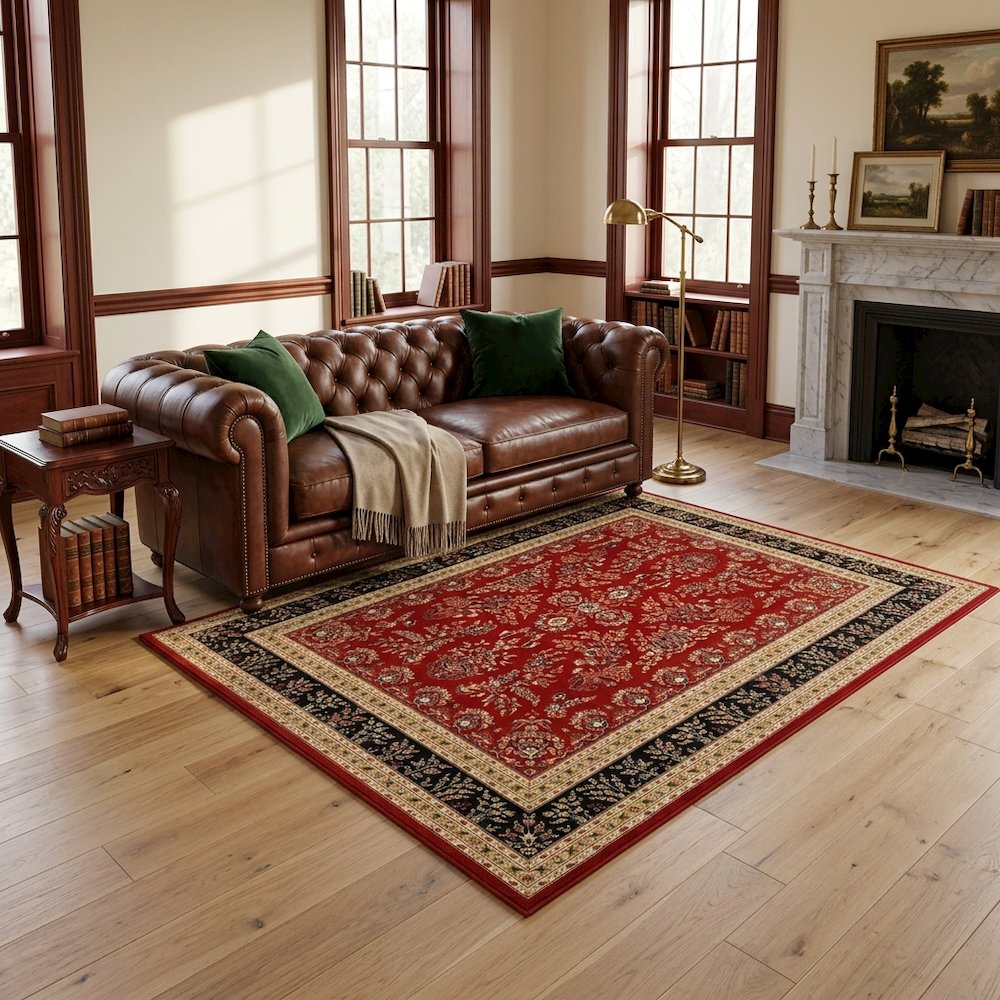 Red/Black Area Rug with Power Loomed Polypropylene Pile and Jute Backing. Picture 3