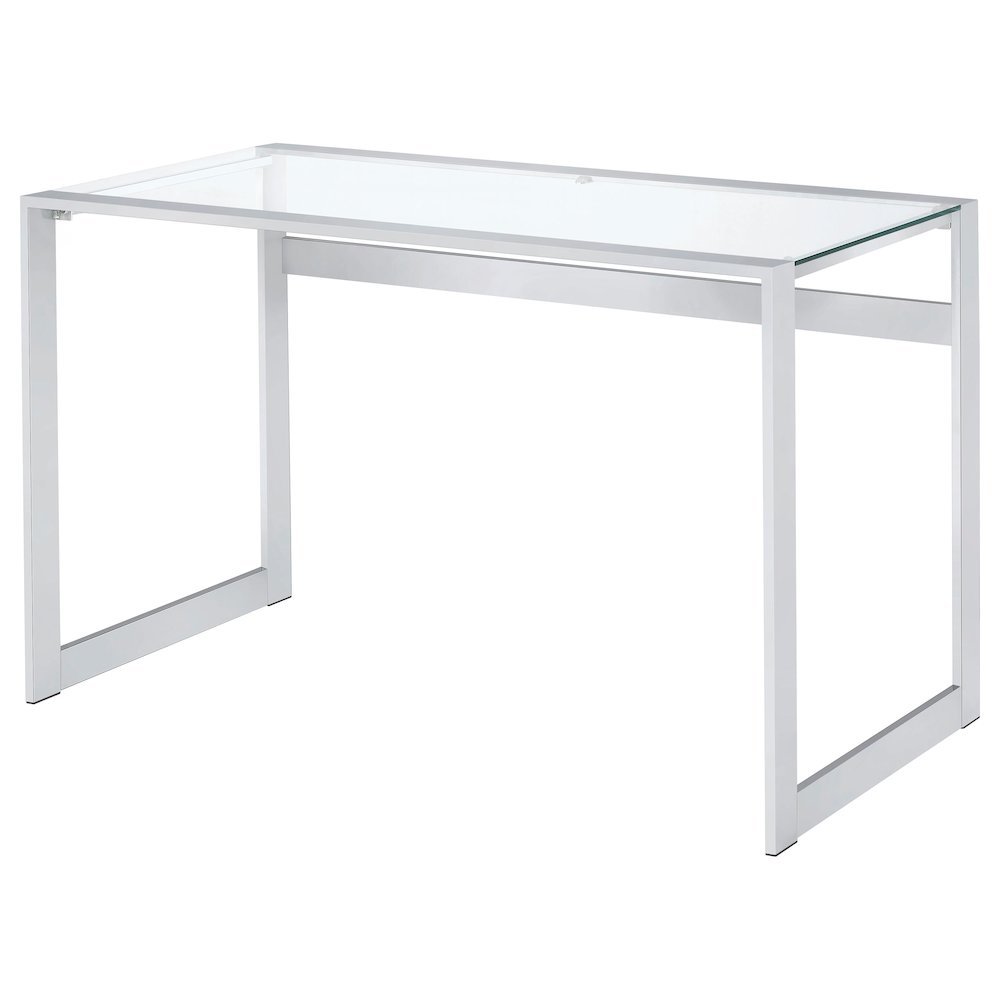 Modern Glass Top Desk with Chrome Metal Legs, Sleek Clear Glass Surface. Picture 6