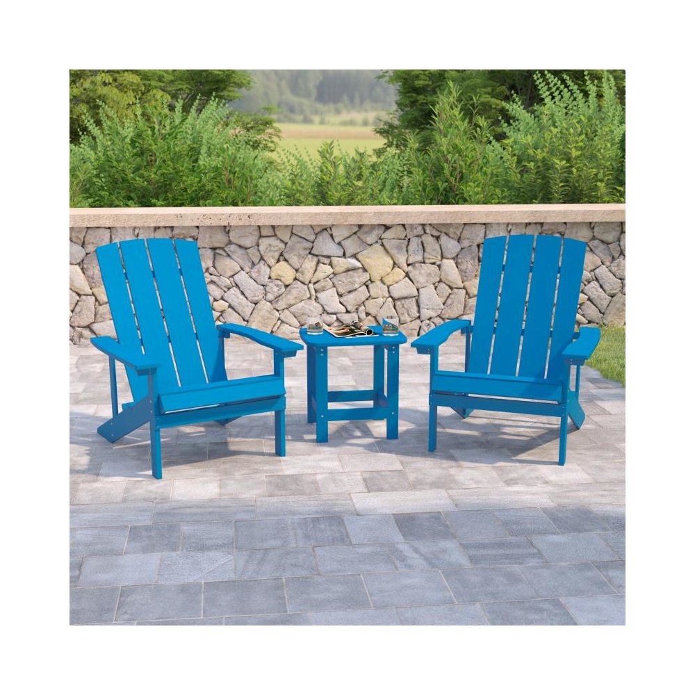 2 Pack All-Weather Poly Resin Wood Adirondack Chairs with Side Table in Blue. Picture 2