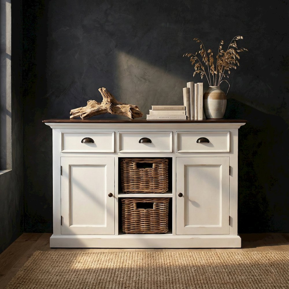Halifax Accent White Distress & Deep Brown Buffet with 2 Baskets. Picture 2