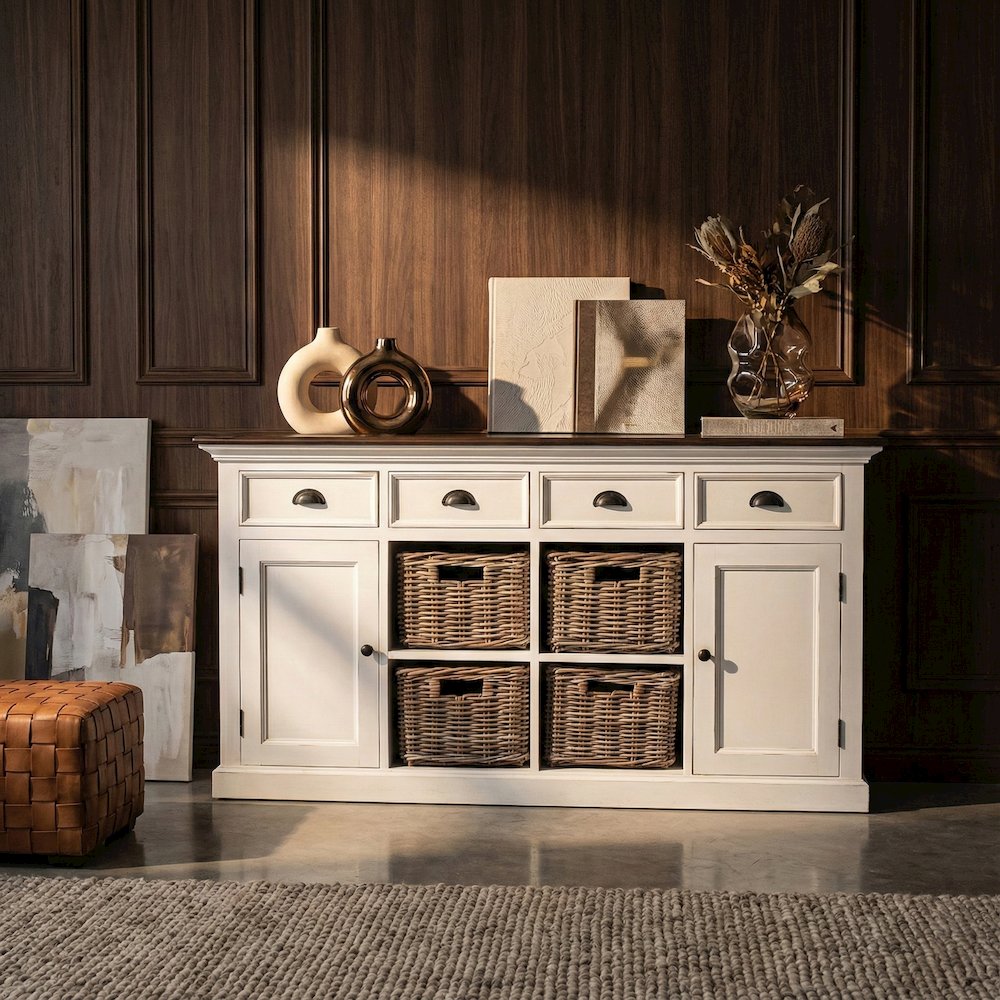 Halifax Accent White Distress & Deep Brown Buffet with 4 Baskets. Picture 1